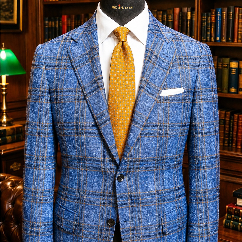 Kiton Sky Blue Plaid Sport Coat in Cashmere/Silk | Kiton Silk Orange/Gold Tie